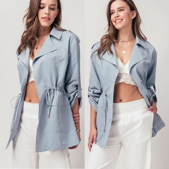 NEW Oversize Collar Drawstring Waist Pockets Open Front Light Weight Jacket Blue - Picture 2 of 8